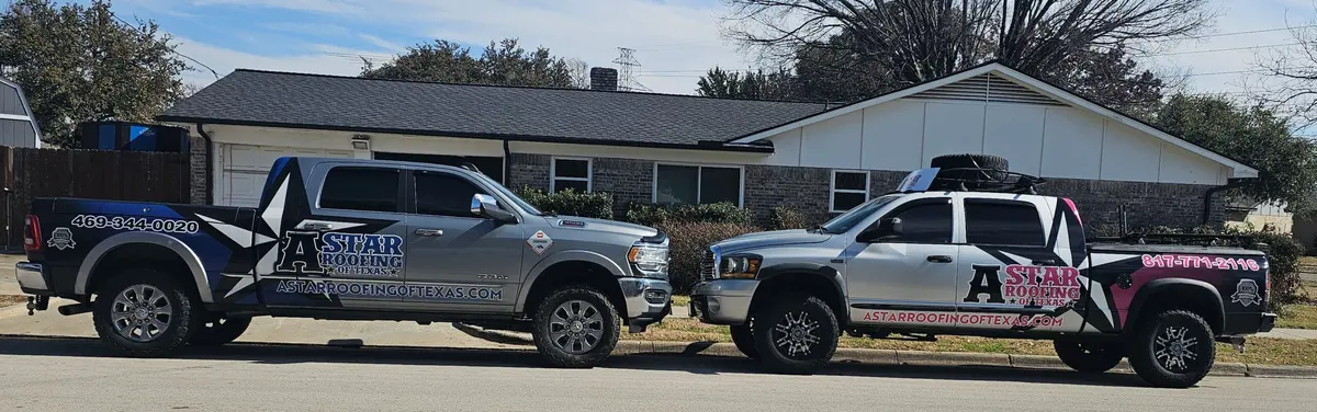 A Star Roofing of Texas work trucks
